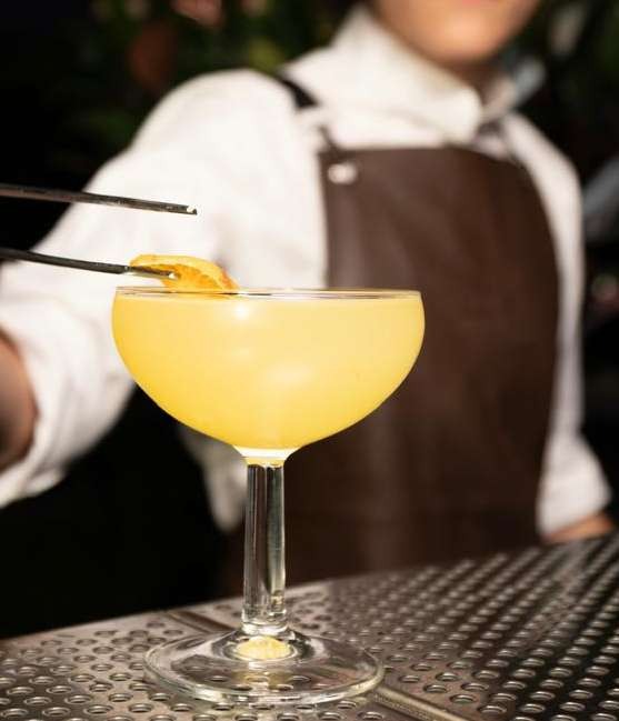 A bartender placing the finishing garnish on a cocktail